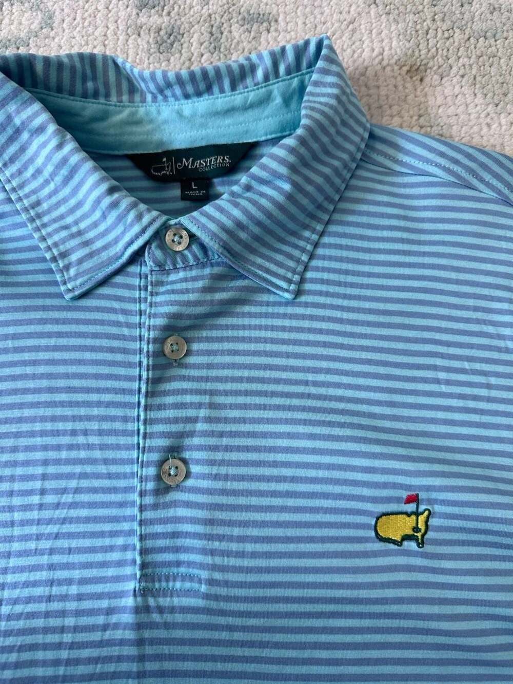 L - Masters Collection Men's Blue Striped Performance Golf Polo Shirt